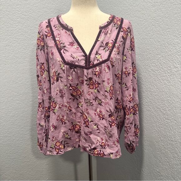 Lucky Brand Size S Pink Boho Floral Blouse Top Relaxed Babydoll Comfy Boho Chic - Picture 2 of 7